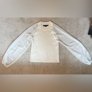 White Mock Neck Sweater with Sheer Sleeves